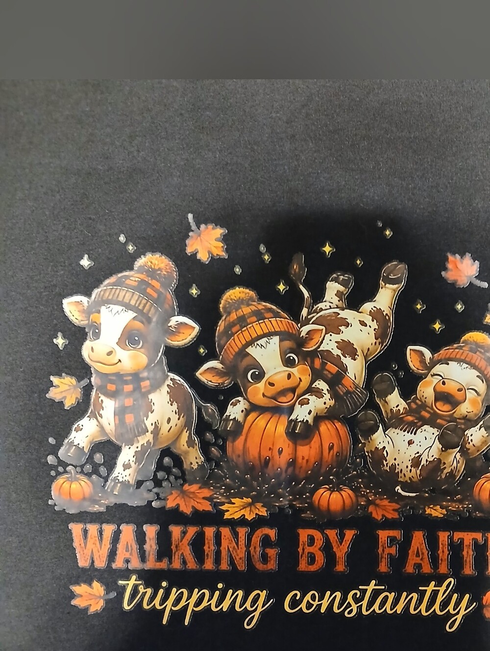 Walking By Faith Tripping Constantly Cow Pumpkin Fall T-Shirt 2XL Black